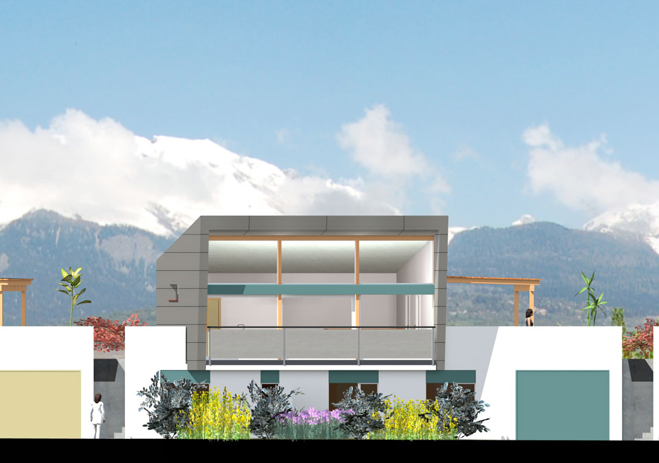 Projet de villas jumelles. Construction en béton, ossature bois avec un revêtement en Eternit.